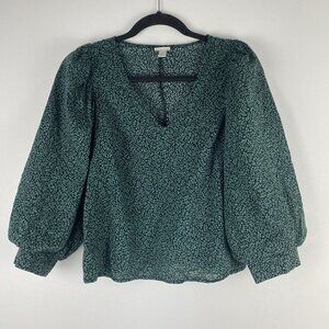 A New Day Women's Puff Sleeve Cropped Blouse Size S Green Black V Neck Leaf